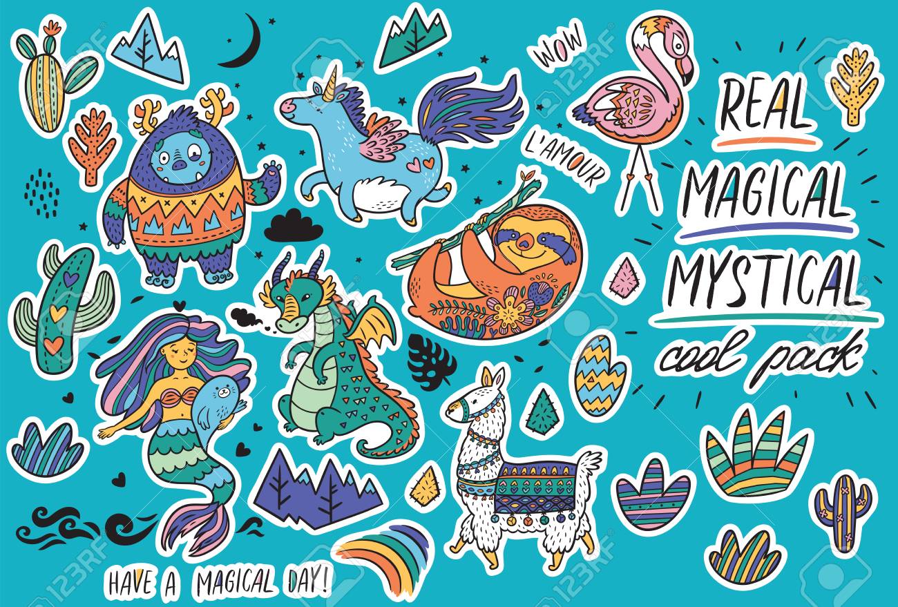 Vector sticker set with real, magical and mystical animals. Yeti and unicorn, dragon, mermaid, llama and sloth in cartoon style. Perfect for stickers, pin, icons - 105804404 Vector sticker set with real, magical and mystical animals. Yeti and unicorn, dragon, mermaid, llama and sloth in cartoon style. Perfect for stickers, pin, icons - 105804404