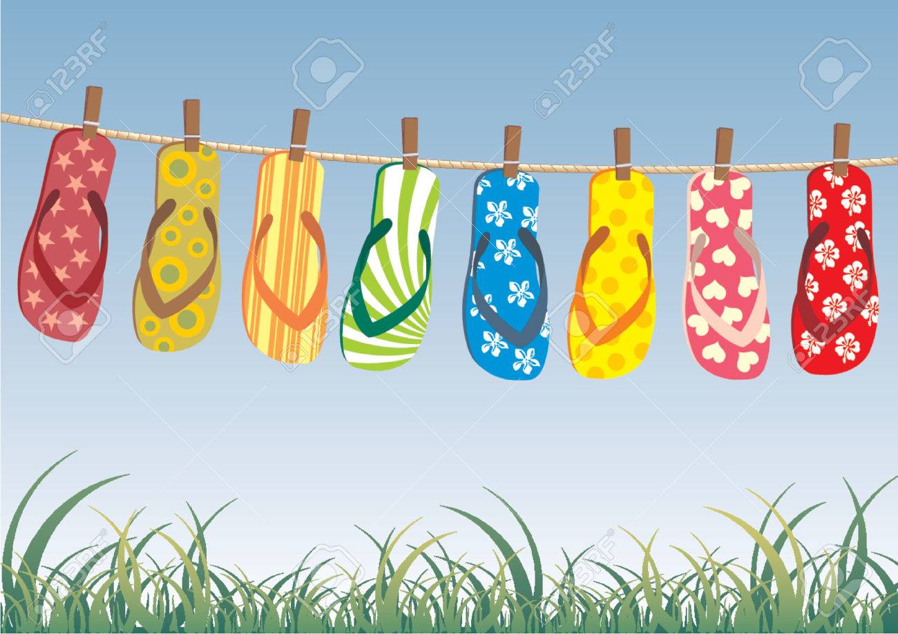 Beach Sandalen Verschiedene Bunte Flip Flops Auf Einem Seil Aufgehangt Lizenzfrei Nutzbare Vektorgrafiken Clip Arts Illustrationen Image