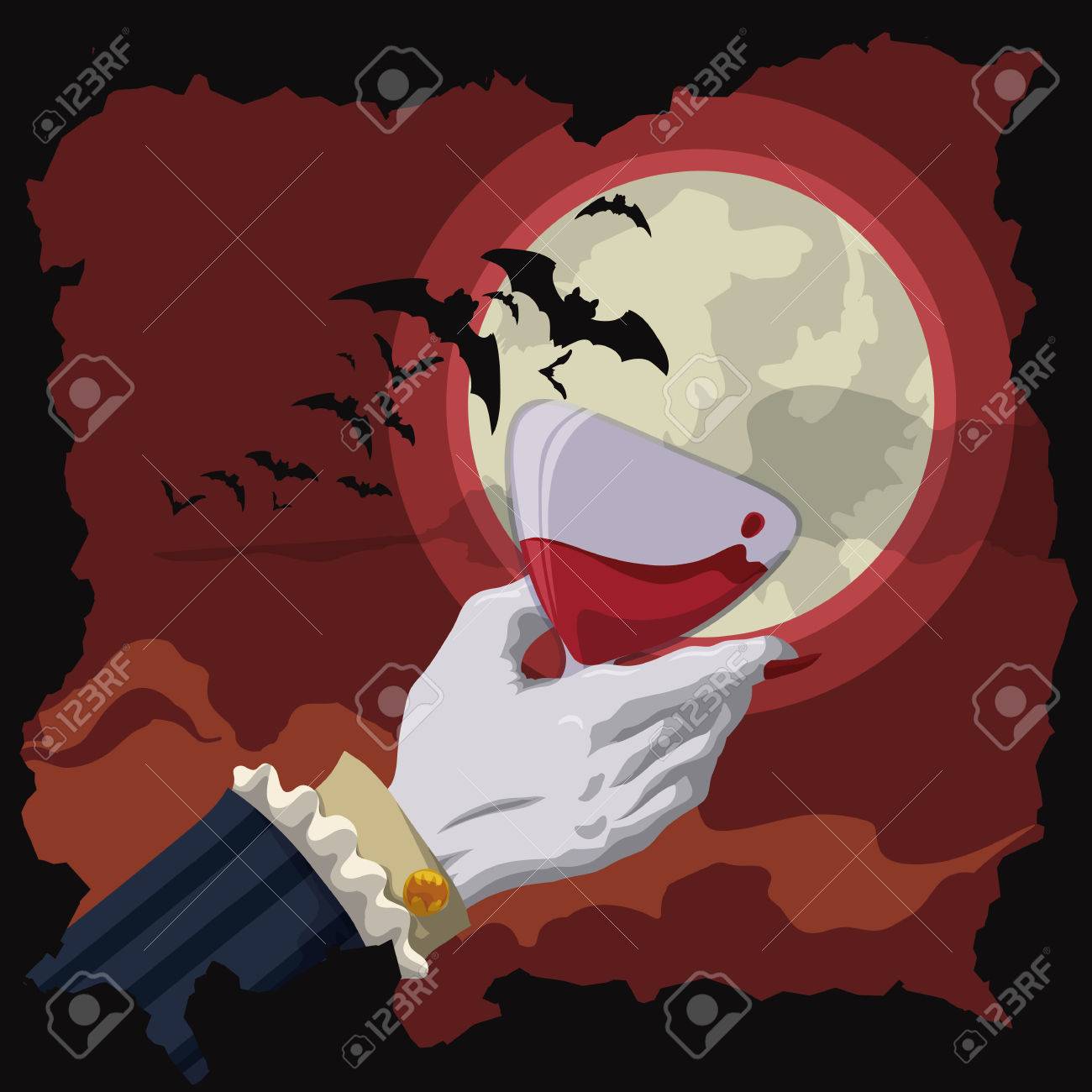 満月と雲とコウモリと夜のシーンで深紅色の赤と吸血鬼トーストを飲むのイラスト素材 ベクタ Image 満月と雲とコウモリと夜のシーンで深紅色の赤と吸血鬼トーストを飲むのイラスト素材 ベクタ Image