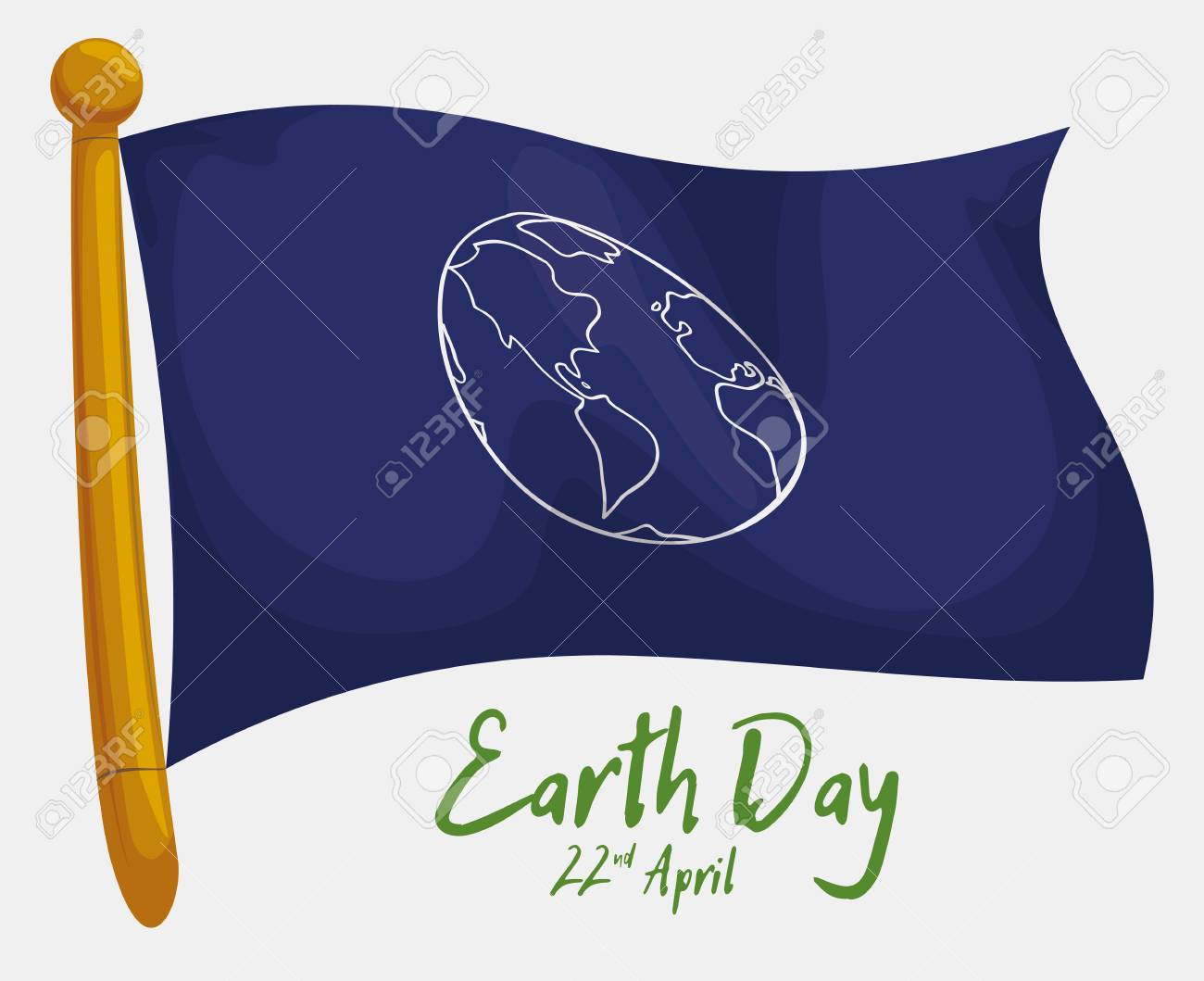 Wavy Blue Flag With World Draw And Golden Shaft For Earth Day Royalty Free Cliparts Vectors And Stock Illustration Image 70682035