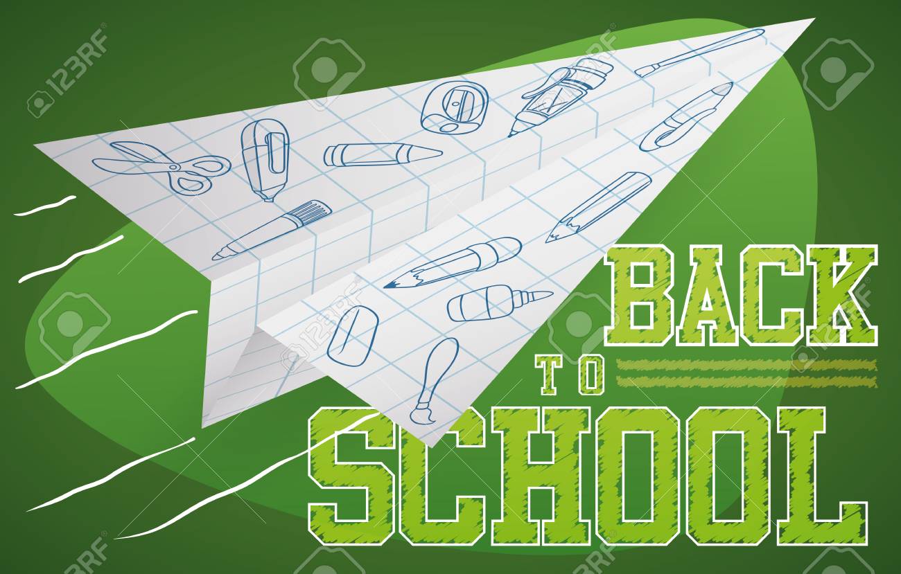 ポスターいくつかの紙飛行機を飛んでいる学校の季節に戻っての教室の子供の図面 のイラスト素材 ベクタ Image