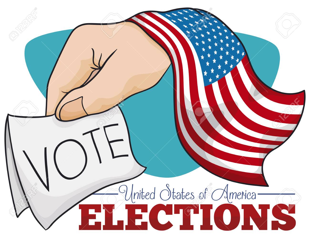 米国旗とアメリカの選挙での選挙権の権利を推進 投票用紙を持っている手のポスター のイラスト素材 ベクタ Image