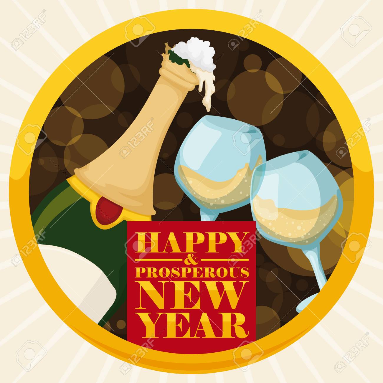赤いリボンと挨拶のポスター シャンパンボトルを開いた丸いボタン 輝きを背景に新年のお祝いのために乾杯するワイングラスのペア のイラスト素材 ベクタ Image