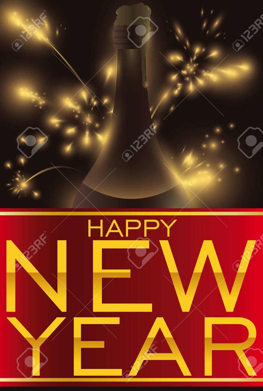 poster with fireworks display red ribbon with golden greetings