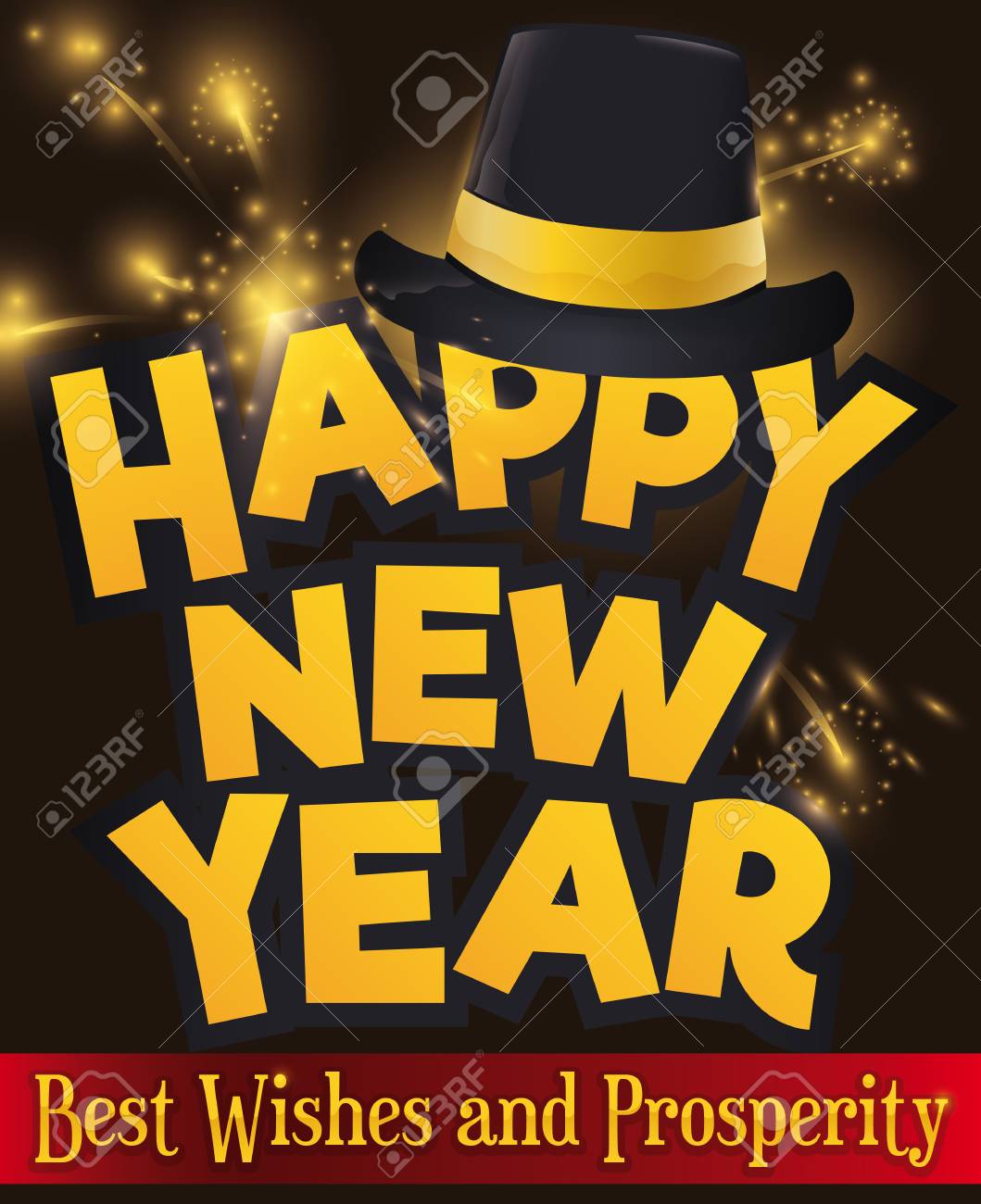 poster with greetings and a black hat over fireworks display