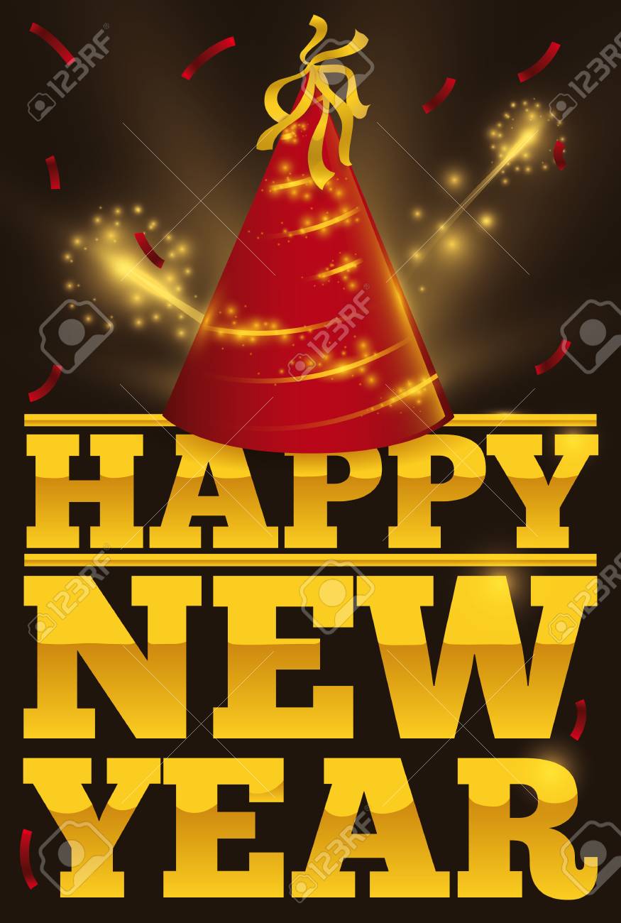 poster with festive red hat confetti and fireworks display over