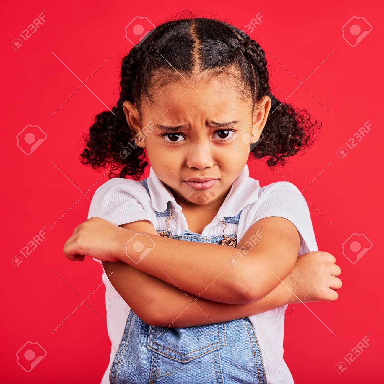 Child, Arms Crossed Or Sad Portrait On Isolated Red Background For  Depression, Mental Health Or Crying Face. Upset, Unhappy Or Little Girl  With Sulking, Grumpy Or Facial Expression In Bullying Crisis Stock, image size:1300x1300