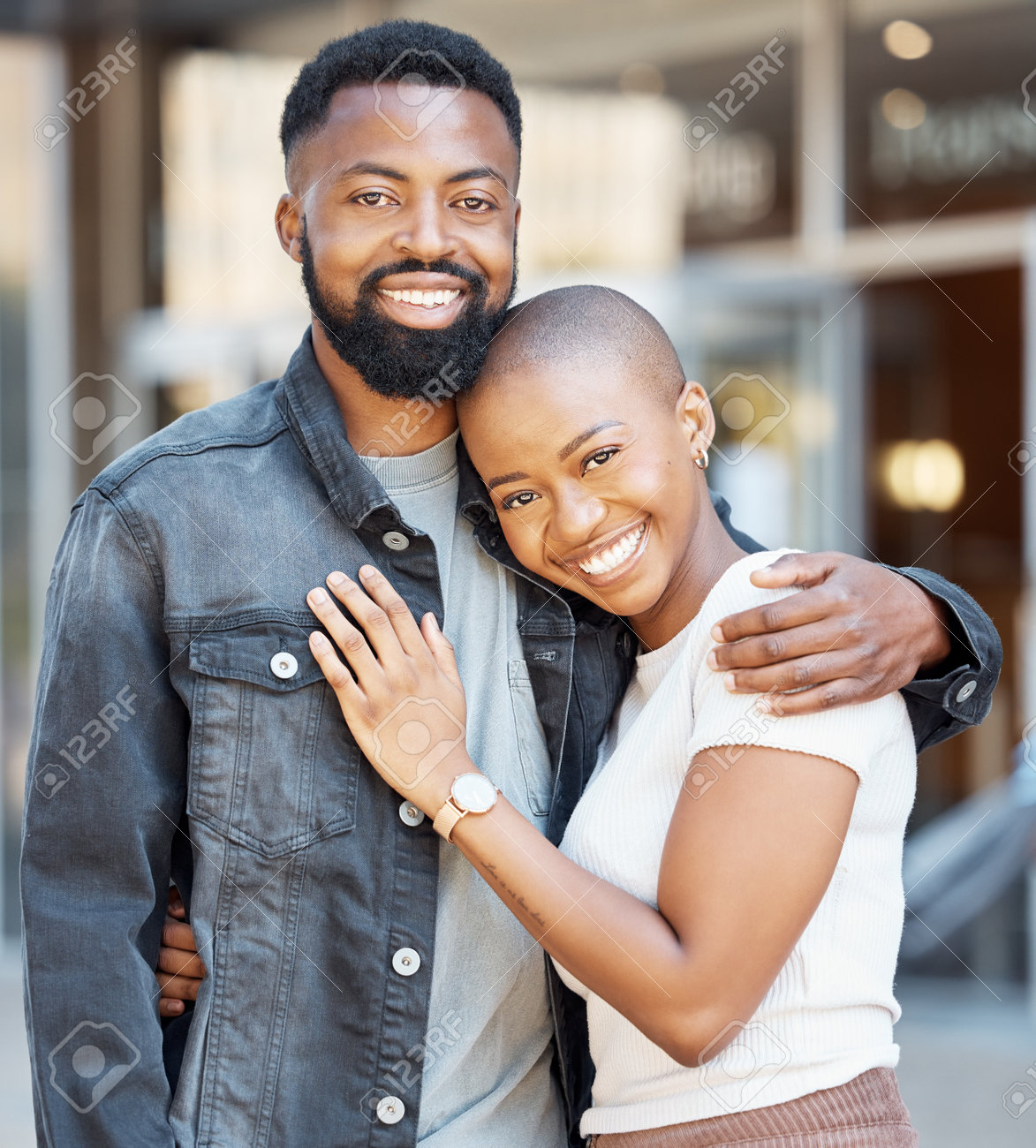 Black Couple, Portrait And Hug In City For Love, Care And Happiness On Date  Together In Nigeria. Happy Man, Woman And Partner In Urban Street, Road And  Outdoor For Trust, Support And