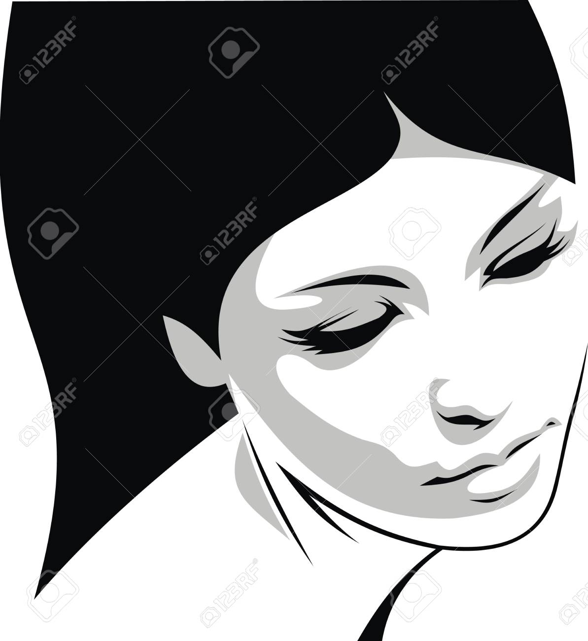 黒と白の素晴らしい女の子の顔のイラストのイラスト素材 ベクタ Image