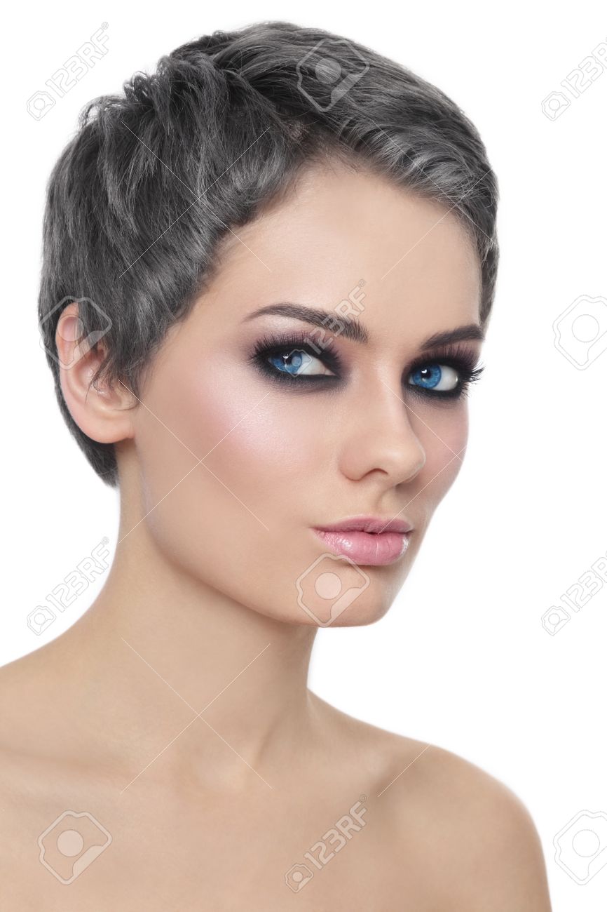 Portrait Of Young Beautiful Woman With Trendy Grey Hair And Stylish