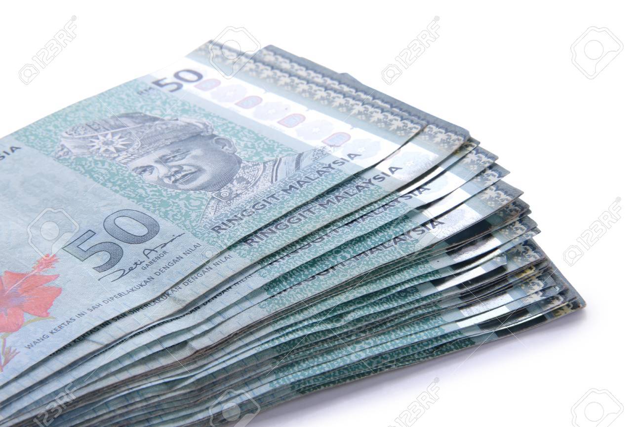 Malaysian Ringgit Money In Fifty Nominal, Stacked On White 
