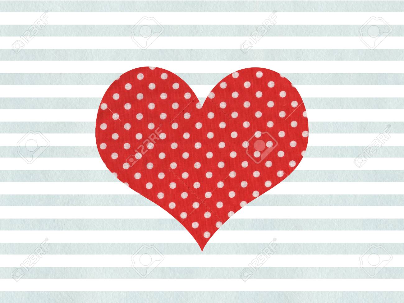 Red Fabric Polka Dot Heart On Watercolor Blue Stripes Background