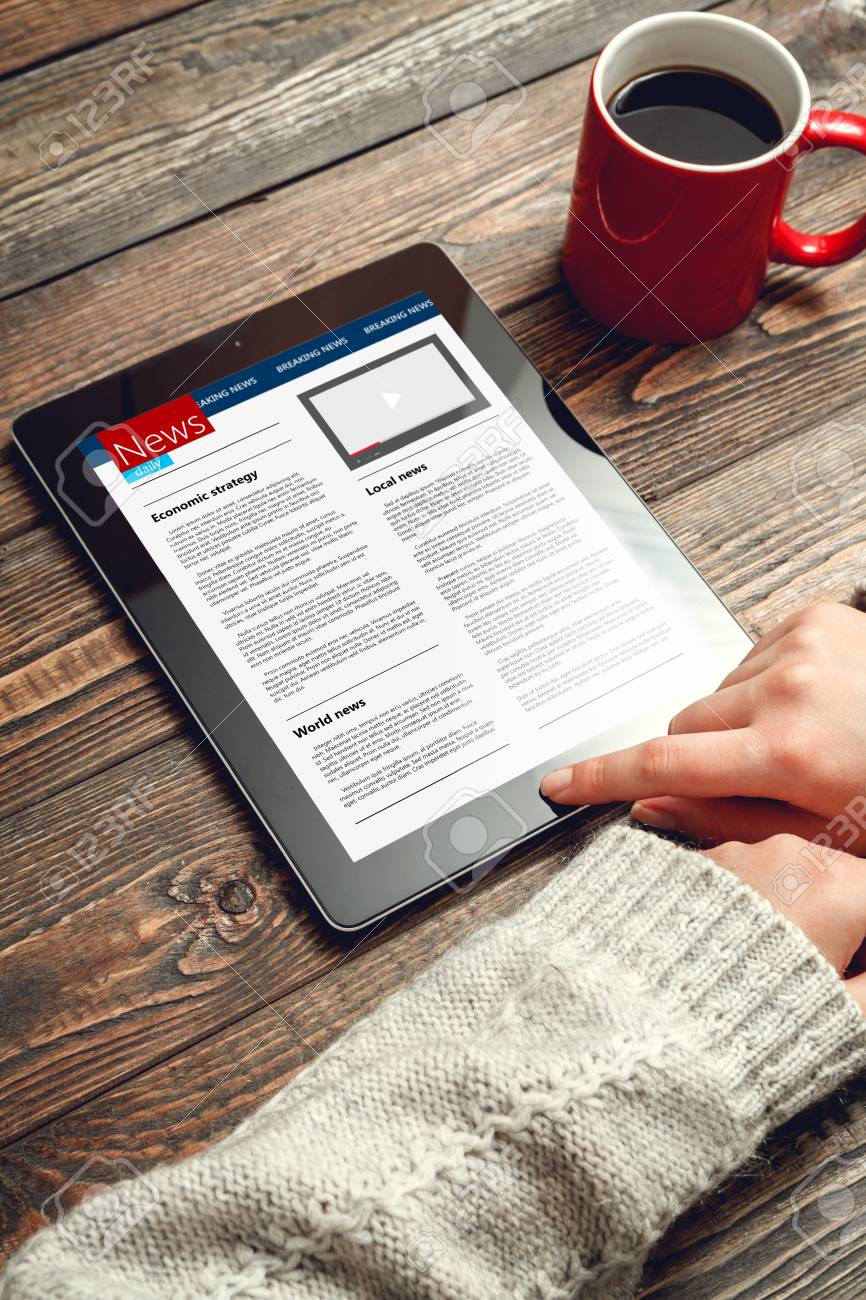 Woman Reading News On Tablet With Cup Of Coffee Online Education Stock Photo Picture And Royalty Free Image Image 97285251