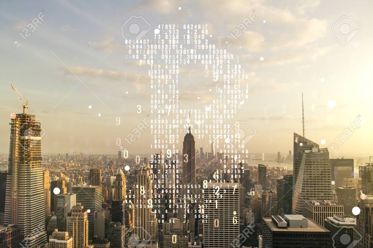 ニューヨーク市の高層ビルの背景にクリエイティブなビットコインシンボルホログラムの二重露光。暗号通貨の概念の写真素材・画像素材 Image  147368070