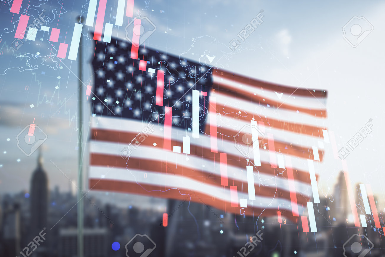 미국 국기에 추상 가상 글로벌 위기 차트와 세계 지도 홀로그램이 이중 노출되고 흐릿한 도시 배경 금융 위기와 경기 침체 개념 로열티  무료 사진, 그림, 이미지 그리고 스톡포토그래피. Image 157941750
