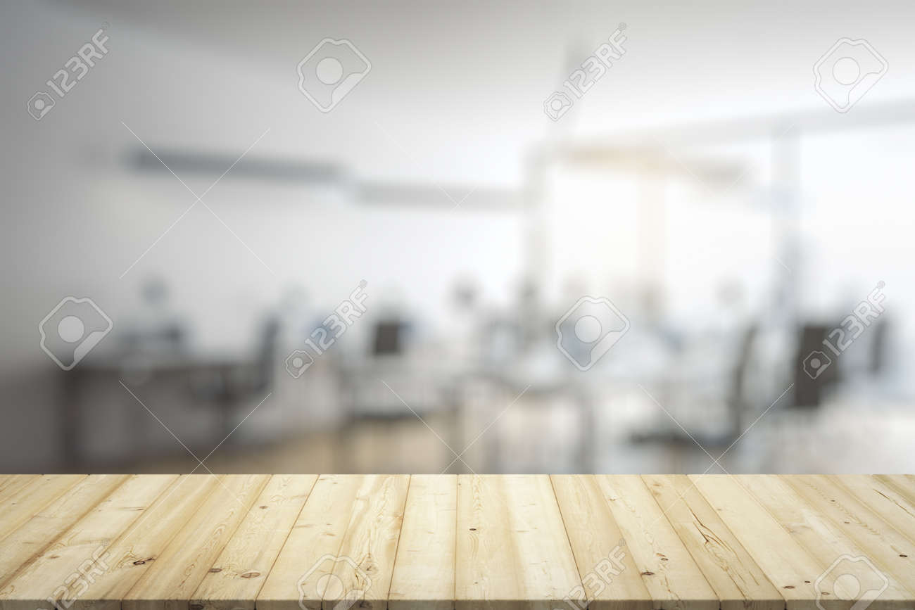 Blank Wooden Table Top With Light Furnished Office On Background Stock Photo Picture And Royalty Free Image Image 159200774