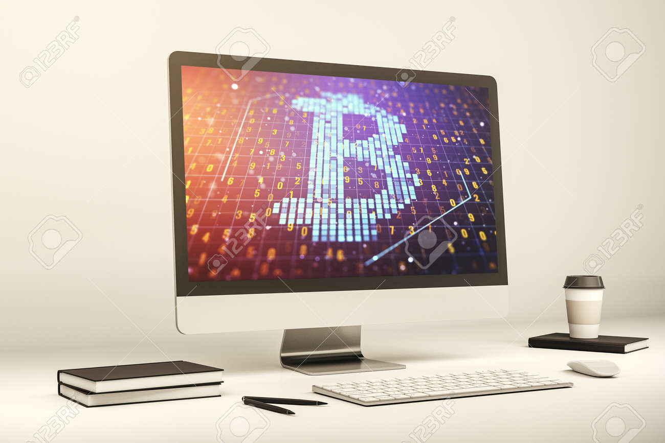 창의적인 비트코인 기호 홀로그램 마이닝 및 블록체인 개념 3d 렌더링을 갖춘 최신 컴퓨터 디스플레이 로열티 무료 사진, 그림, 이미지  그리고 스톡포토그래피. Image 189295173