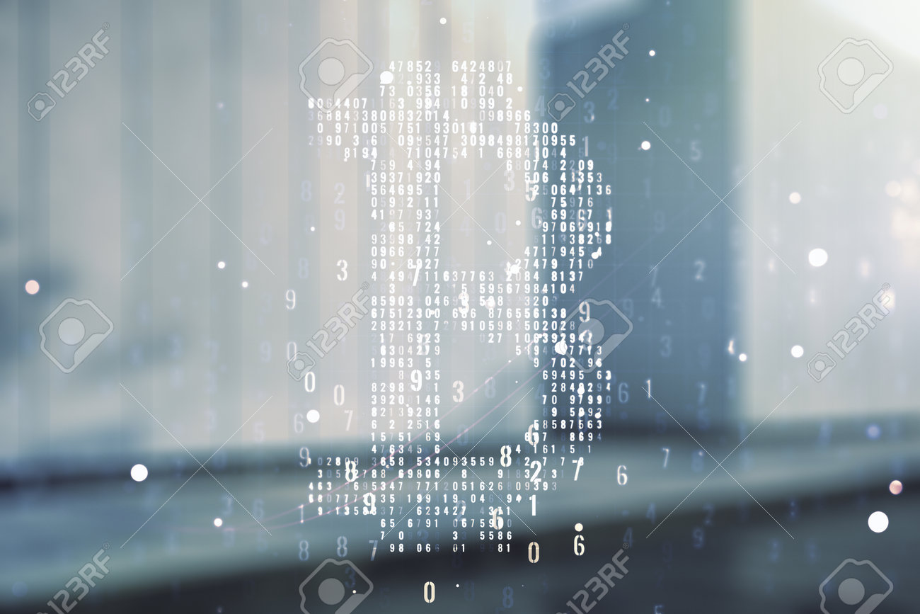 Virtual Bitcoin Hologram On Blurry Modern Office Building Background.  Multiexposure Stock Photo, Picture and Royalty Free Image. Image 198485286.