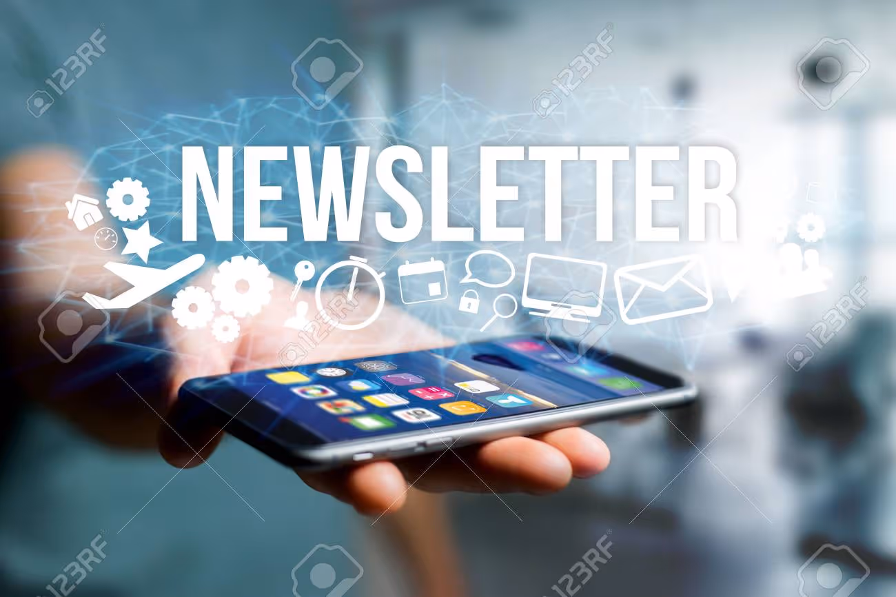 Concept view of man holding futuristic interface with newsletter title and multimedia icons flying all around - Internet concept - 77297846 Concept view of man holding futuristic interface with newsletter title and multimedia icons flying all around - Internet concept - 77297846