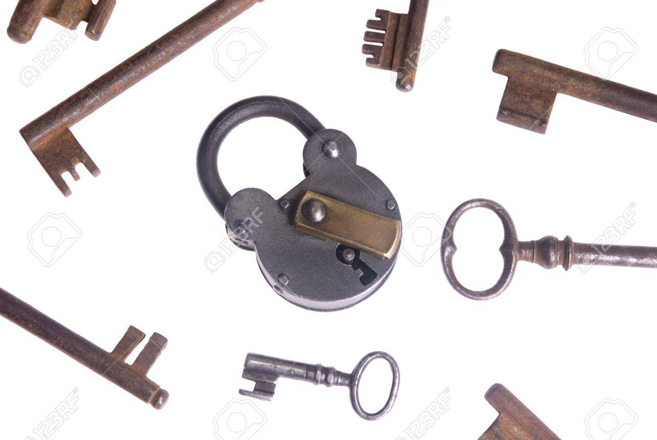 an old lock with an assortment of keys unlocking the past stock