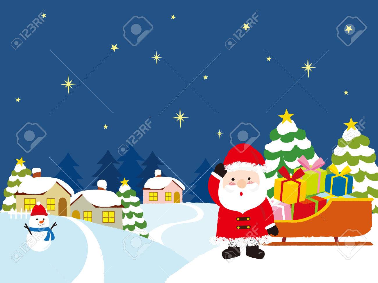 サンタ クロースのクリスマス プレゼントと冬の家 ベクトル イラスト のイラスト素材 ベクタ Image