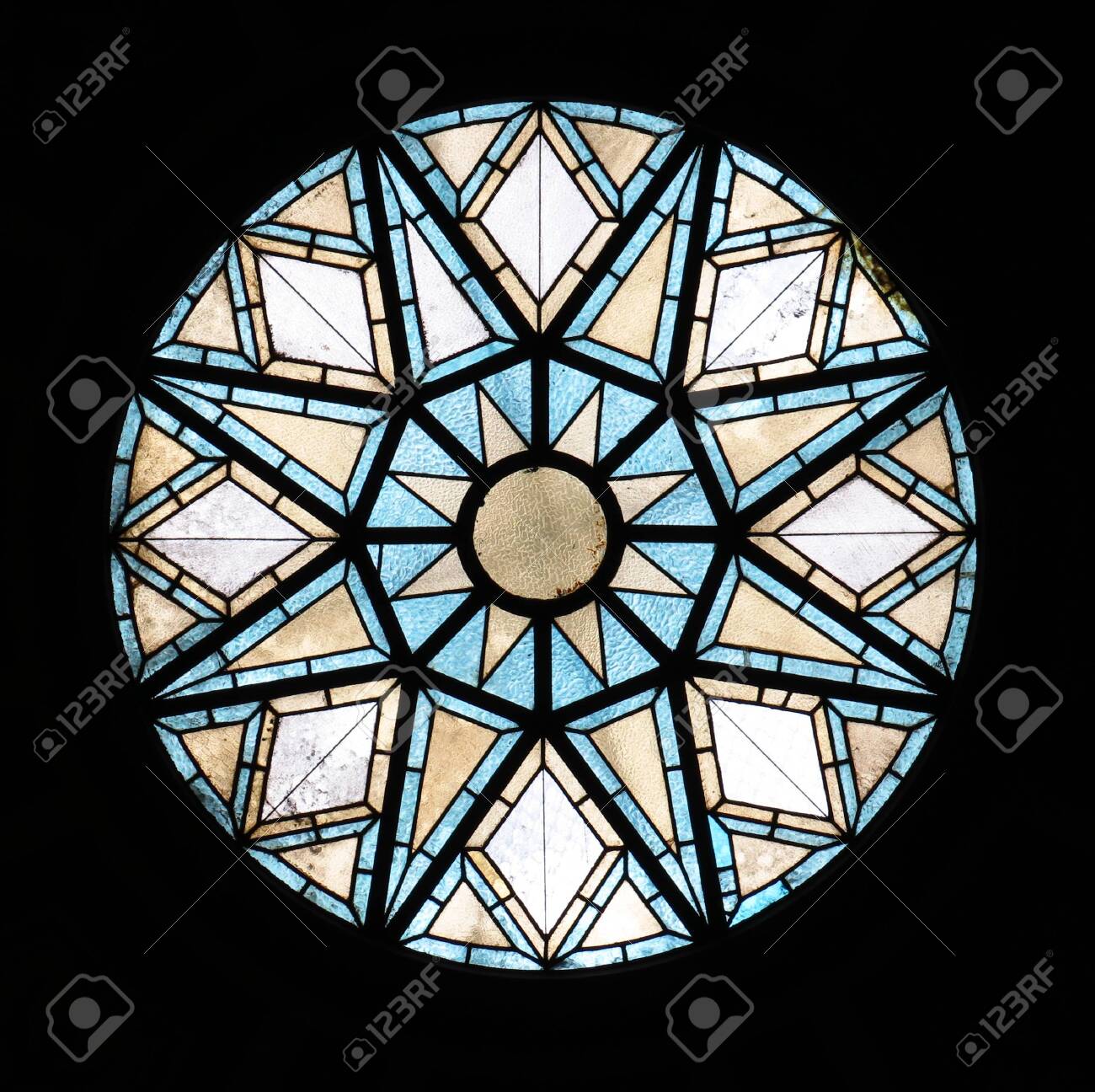 Beautiful old glass window at the ceiling of the Placa D'Antonio Lopez post office in Barcelona. - 132520354 Beautiful old glass window at the ceiling of the Placa D'Antonio Lopez post office in Barcelona. - 132520354