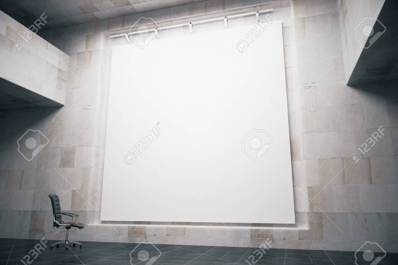 Side view of blank whiteboard in concrete interior with swivel-chair. Mock up, 3D Render - 54211244 Side view of blank whiteboard in concrete interior with swivel-chair. Mock up, 3D Render - 54211244
