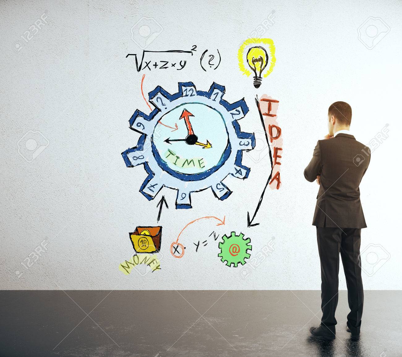 time management concept with businessman looking at clock gear