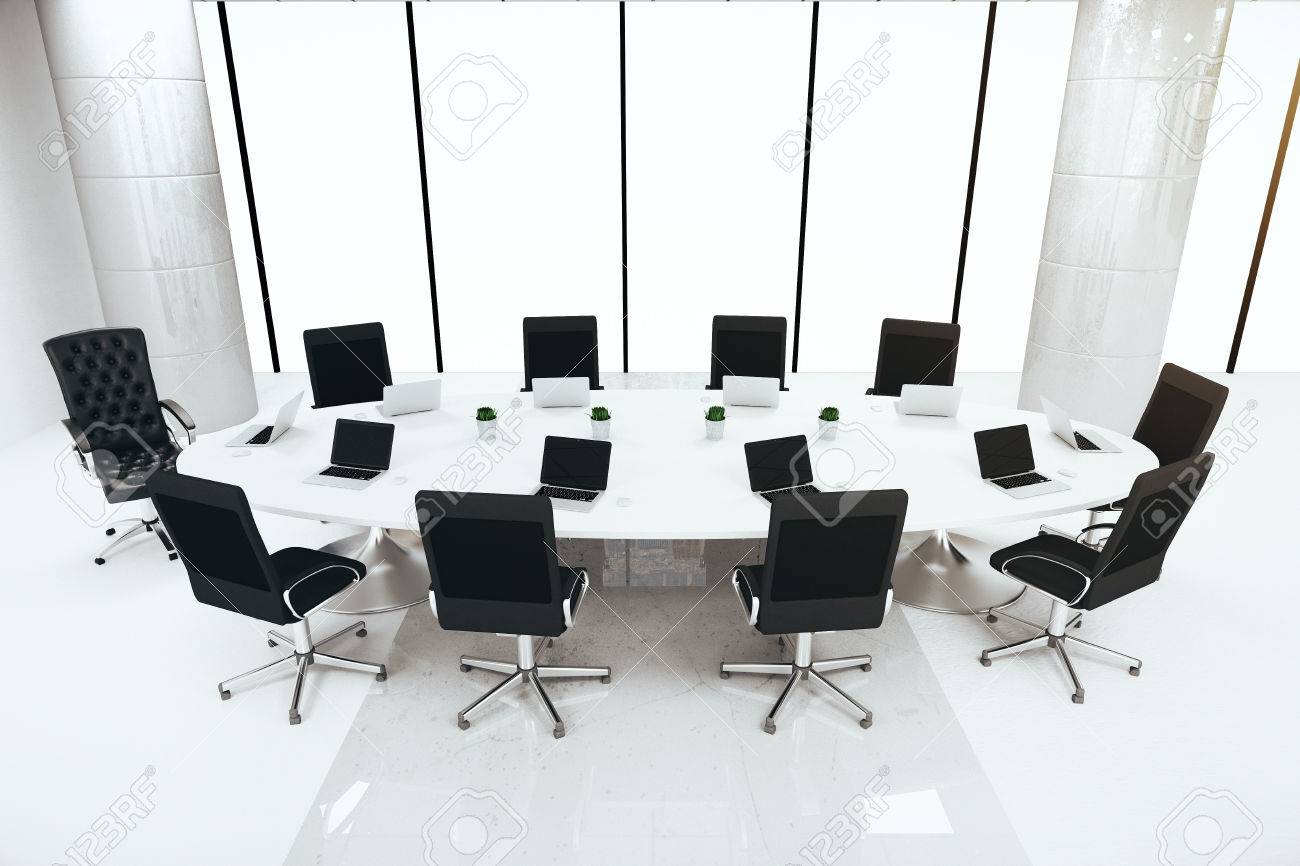 Side View Of Bright Concrete Conference Room Interior With Round