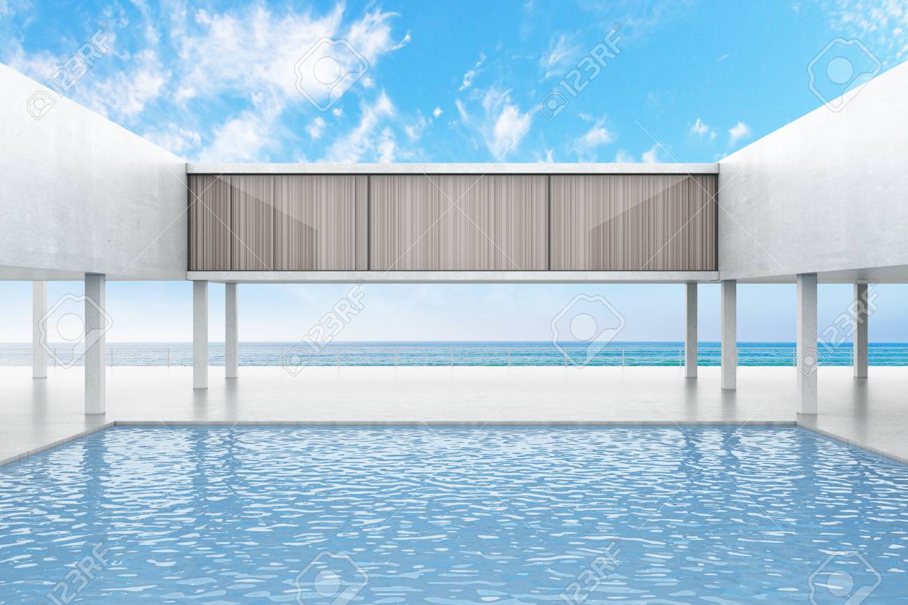 Concrete Building Exterior With Swimming Pool On Bright Blue Sky Background.  3D Rendering Stock Photo, Picture and Royalty Free Image. Image 60998669.