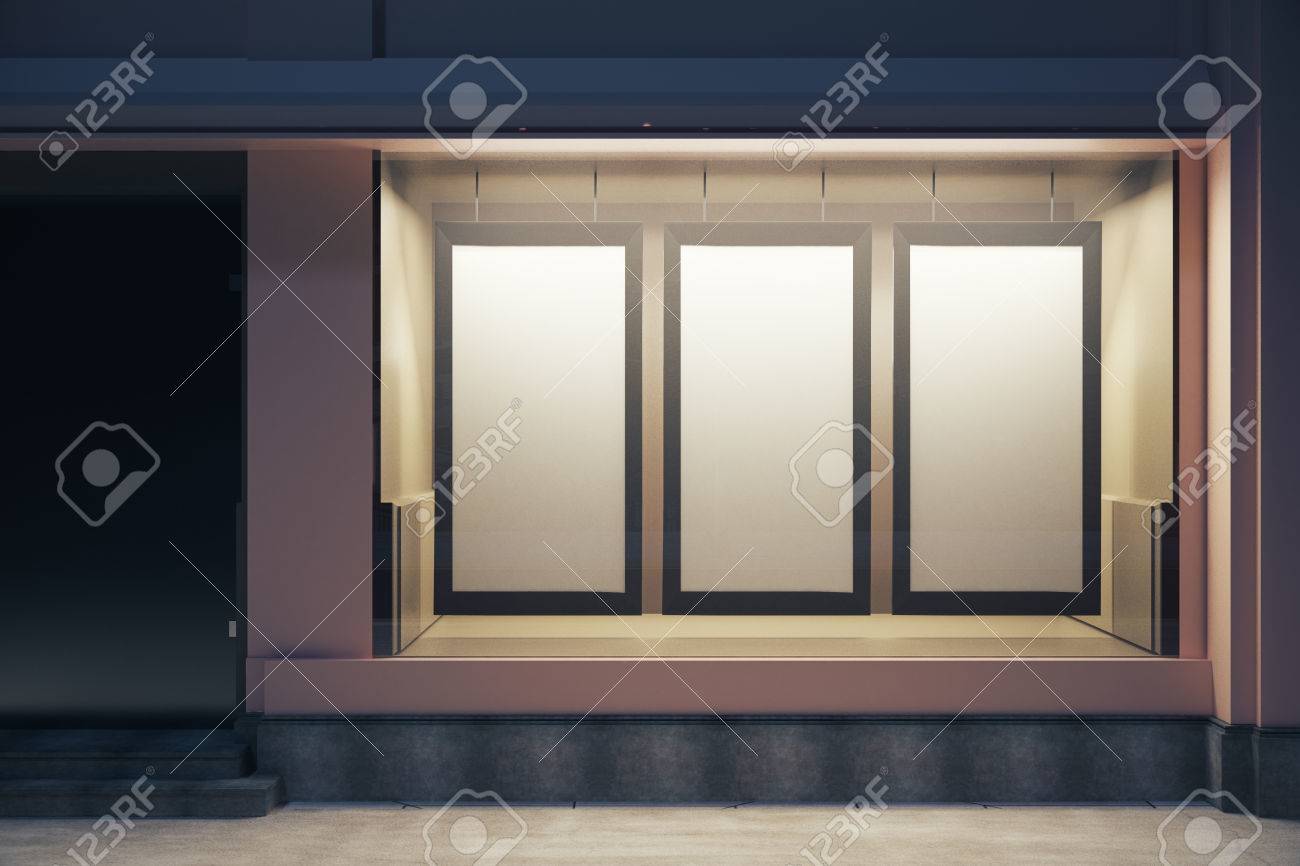 Download Front View Of Storefront With Three Blank Posters At Night Mock Stock Photo Picture And Royalty Free Image Image 61789337