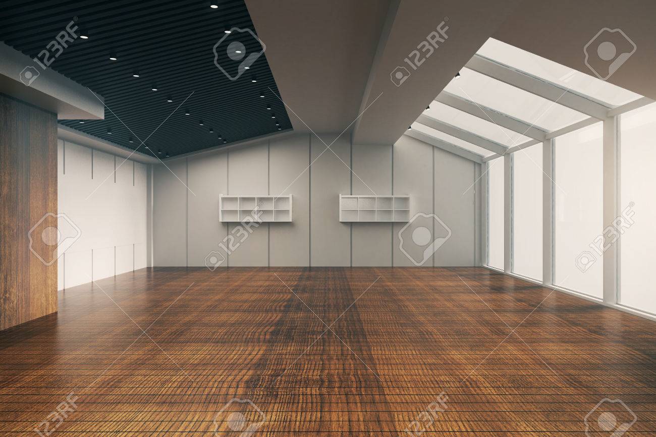 Front View Of Modern Empty Office Interior With Wooden Floor