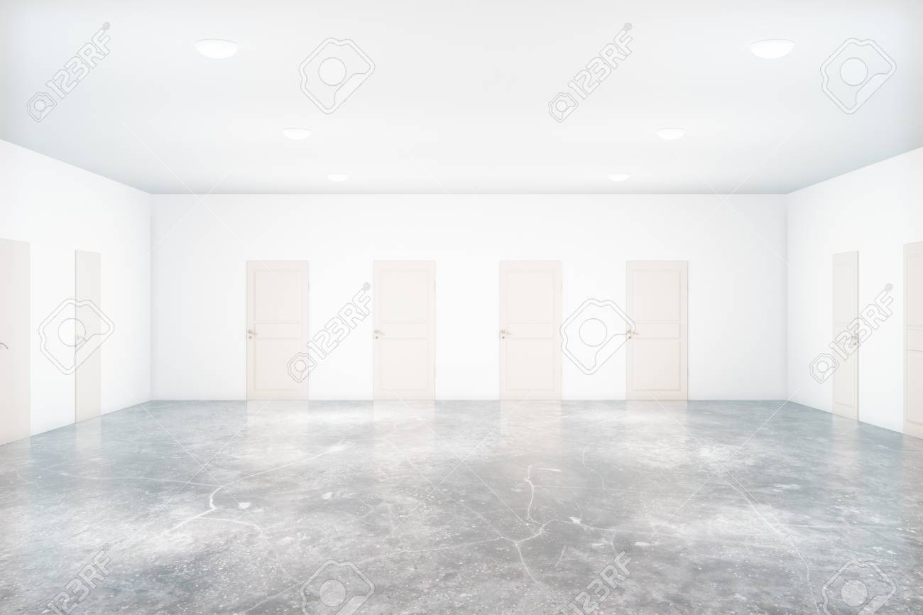 White Concrete Interior Design With Many Doors Choice Concept