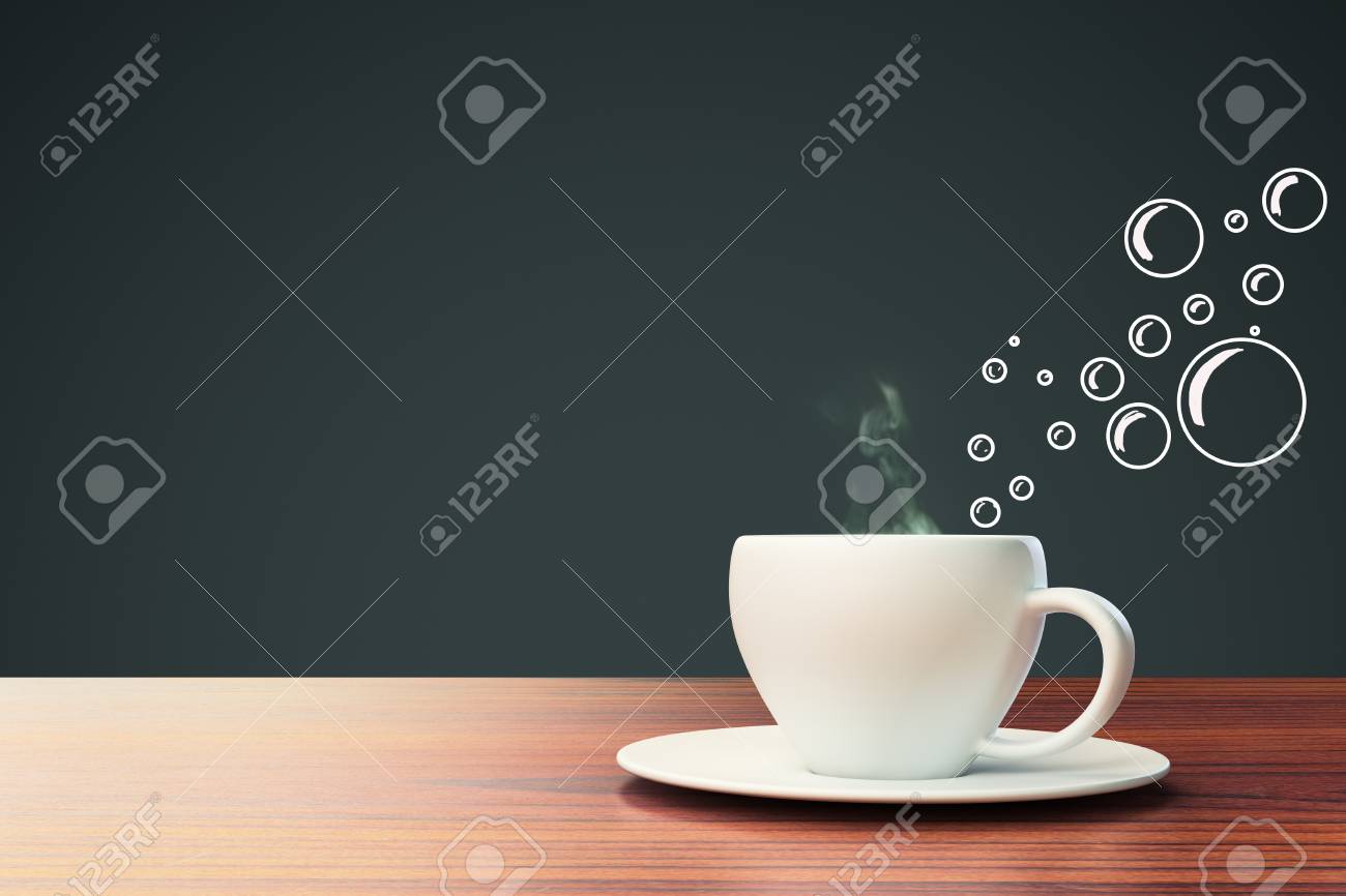 ceramic coffee cup with abstract bubble drawings on dark grey