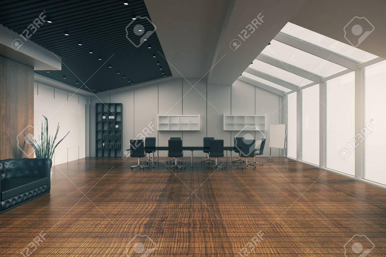 Diseno Interior De Sala De Juntas Con Muebles Piso De Madera