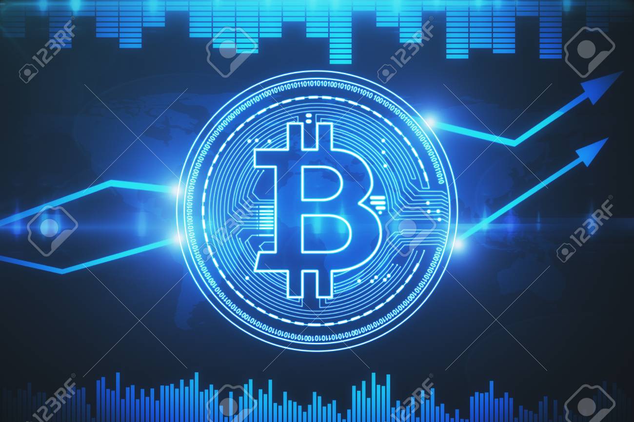 創造的なデジタルは、ビットコインの背景を光る。仮想通貨とサイバースペースの概念。3D レンダリングの写真素材・画像素材 Image 89432144