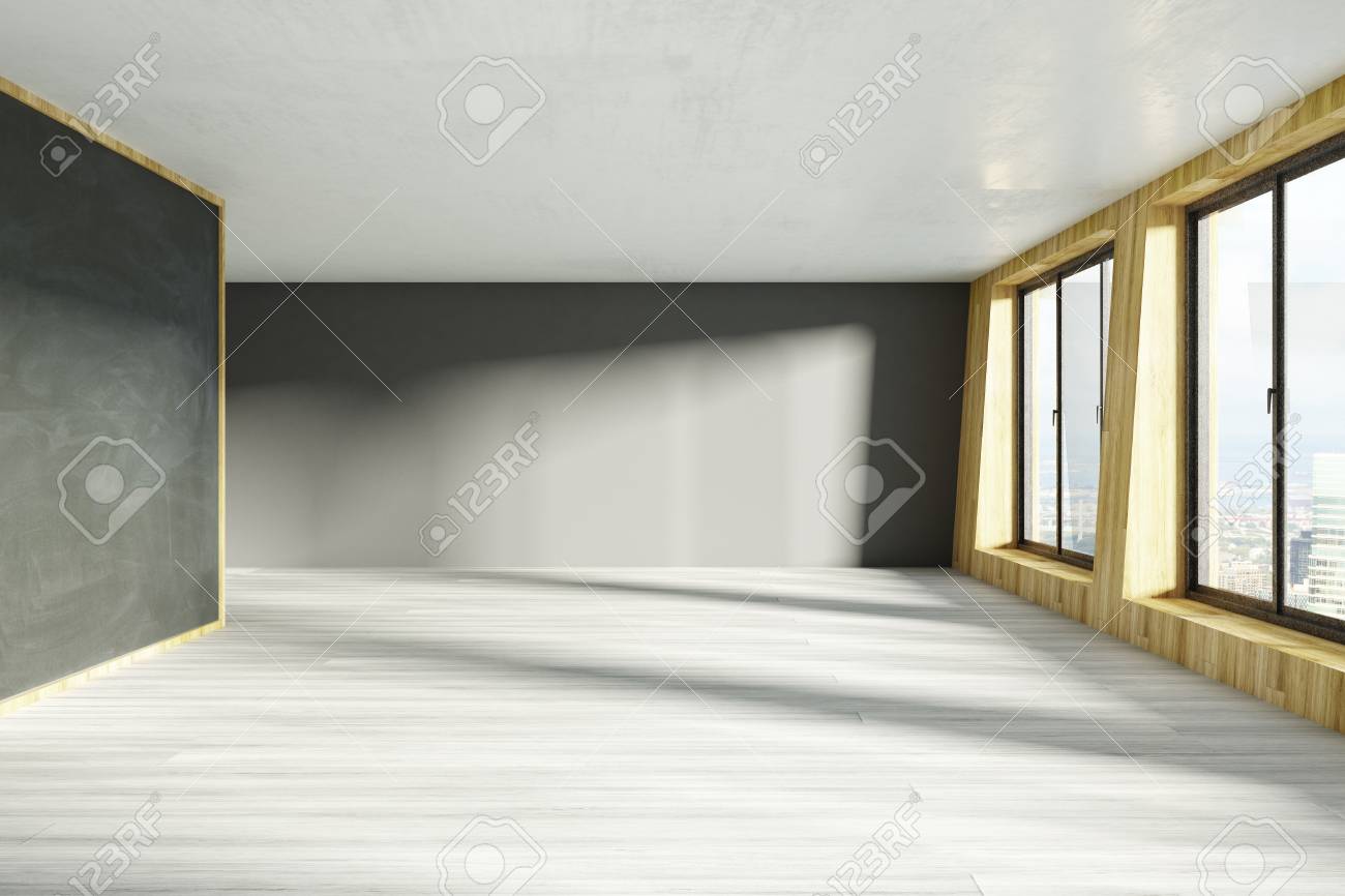 Empty Office Interior With Blank Chalkboard City View And