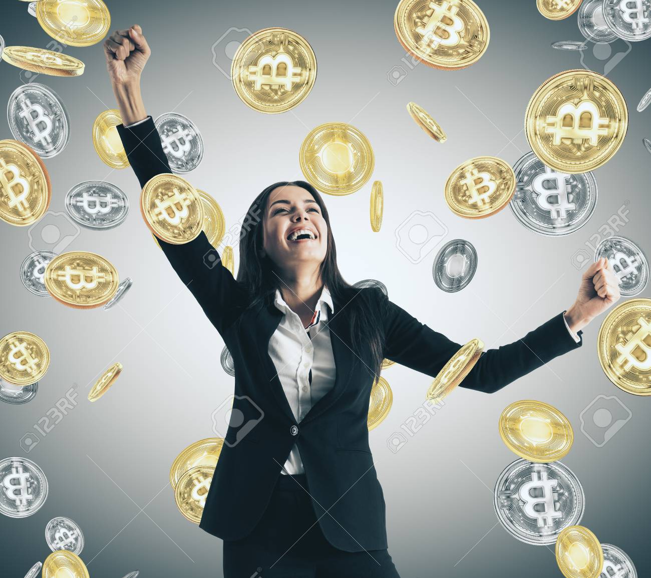 Happy Businesswoman With Creative Bitcoin Rain. Lottery And Cryptocurrency  Concept Stock Photo, Picture and Royalty Free Image. Image 108932253.