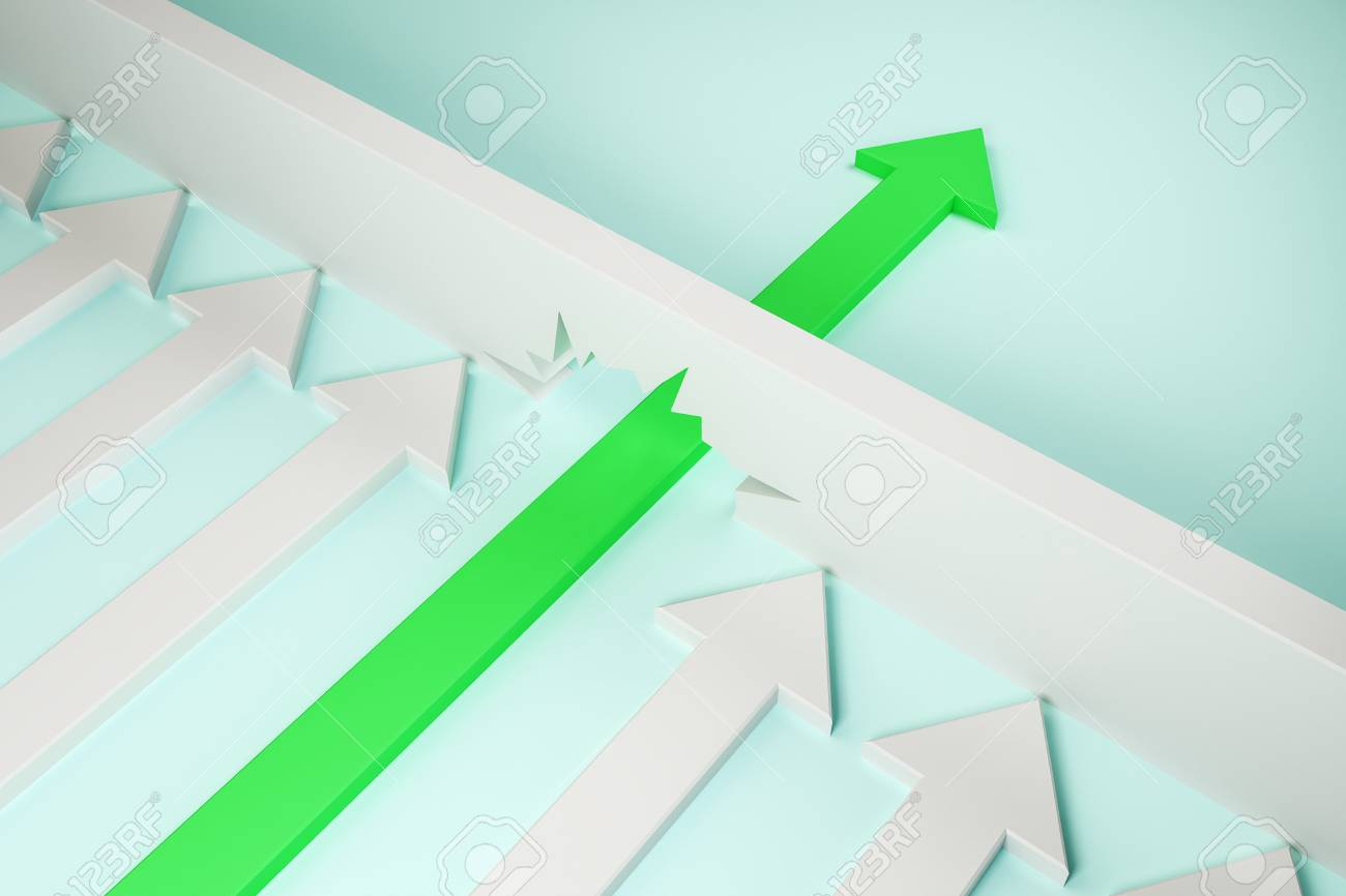 Green arrow breaking through wall on blue background. Breakthrough and success concept. 3D Rendering - 114608119 Green arrow breaking through wall on blue background. Breakthrough and success concept. 3D Rendering - 114608119
