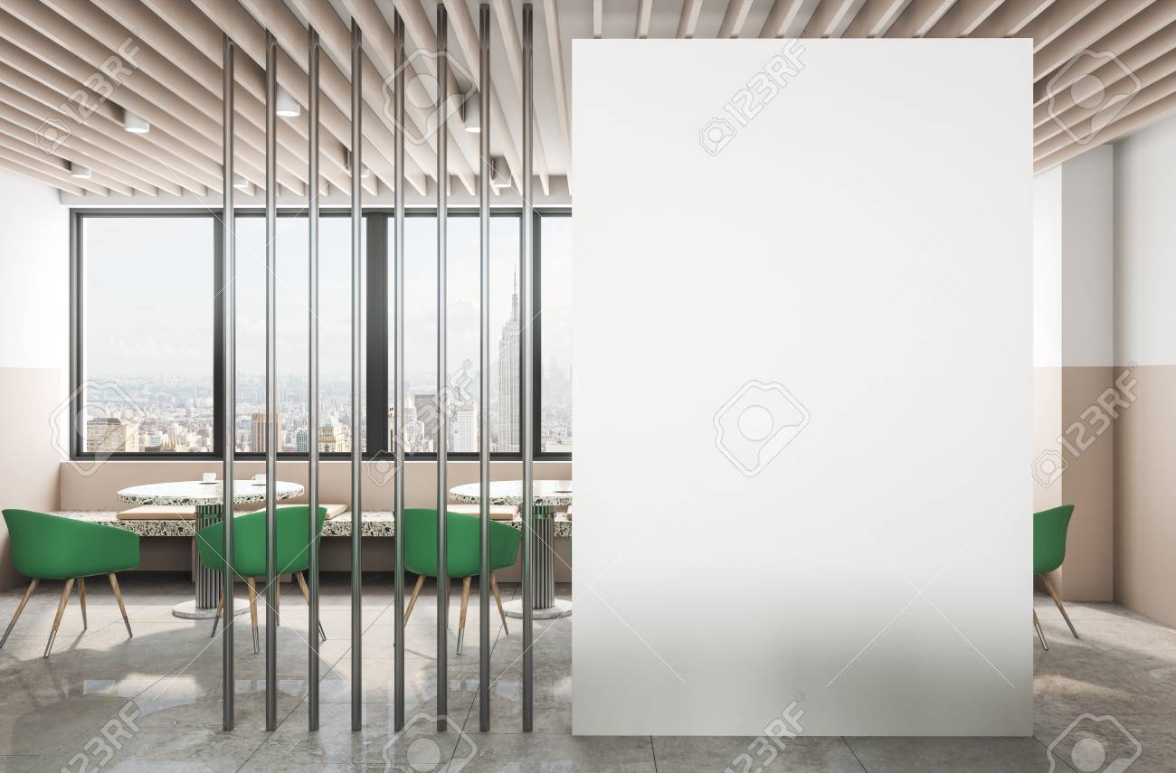 Contemporary Cafe Interior With Empty Billboard Furniture And
