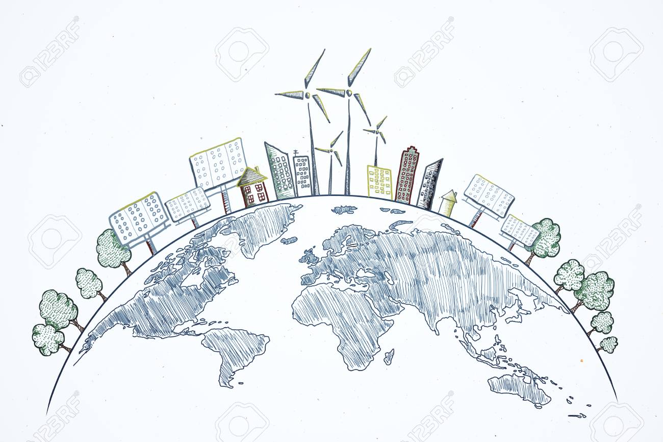Creative eco globe sketch on white background. Eco-friendly and care concept - 119372474 Creative eco globe sketch on white background. Eco-friendly and care concept - 119372474