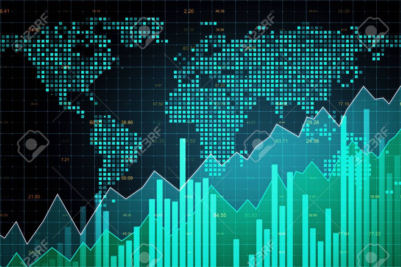 バイナリコードの背景に外国為替チャートを持つ創造的な輝くマップ。グローバルなビジネスと貿易の概念。3D レンダリングの写真素材・画像素材 Image  123065418