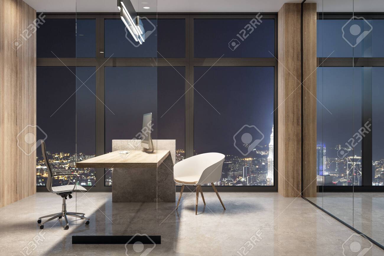 Luxury Office Interior With Equipment And Night City View. Workplace  Concept. 3D Rendering Stock Photo, Picture and Royalty Free Image. Image  129779868.