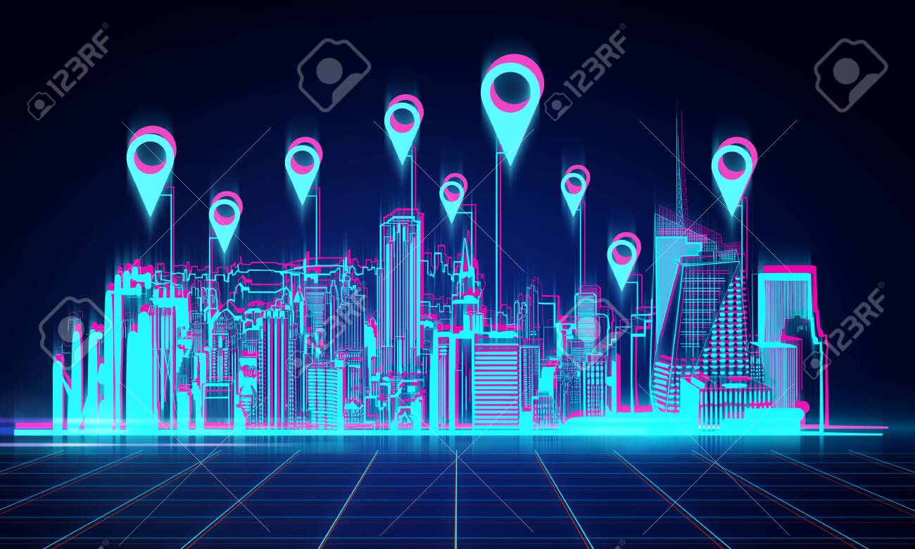 Digital Night City Wallpaper With Location Pins App And Map Concept 3d Rendering Stock Photo Picture And Royalty Free Image Image 129780300