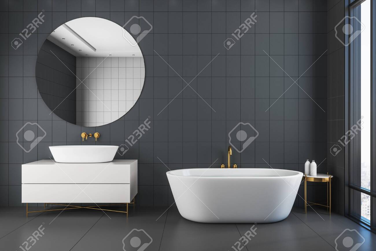 Grey Bathroom Interior With Tile Wall Mirror Sink City View Stock Photo Picture And Royalty Free Image Image 131125139