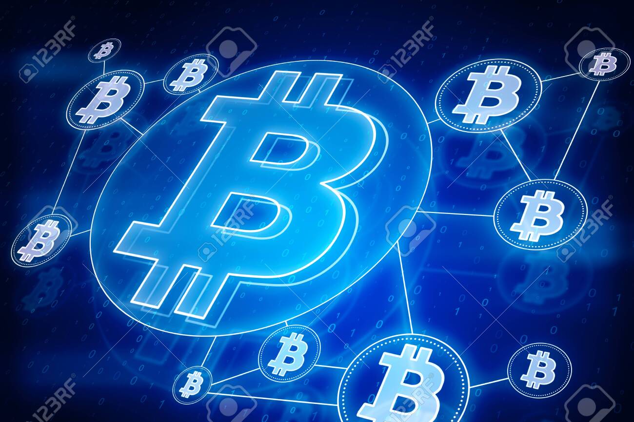 암호화 및 암호 화폐 개념입니다. 흐릿한 어두운 배경 화면에서 빛나는 파란색 비트코인 인터페이스. 3D 렌더링 로열티 무료 사진,  그림, 이미지 그리고 스톡포토그래피. Image 133082017