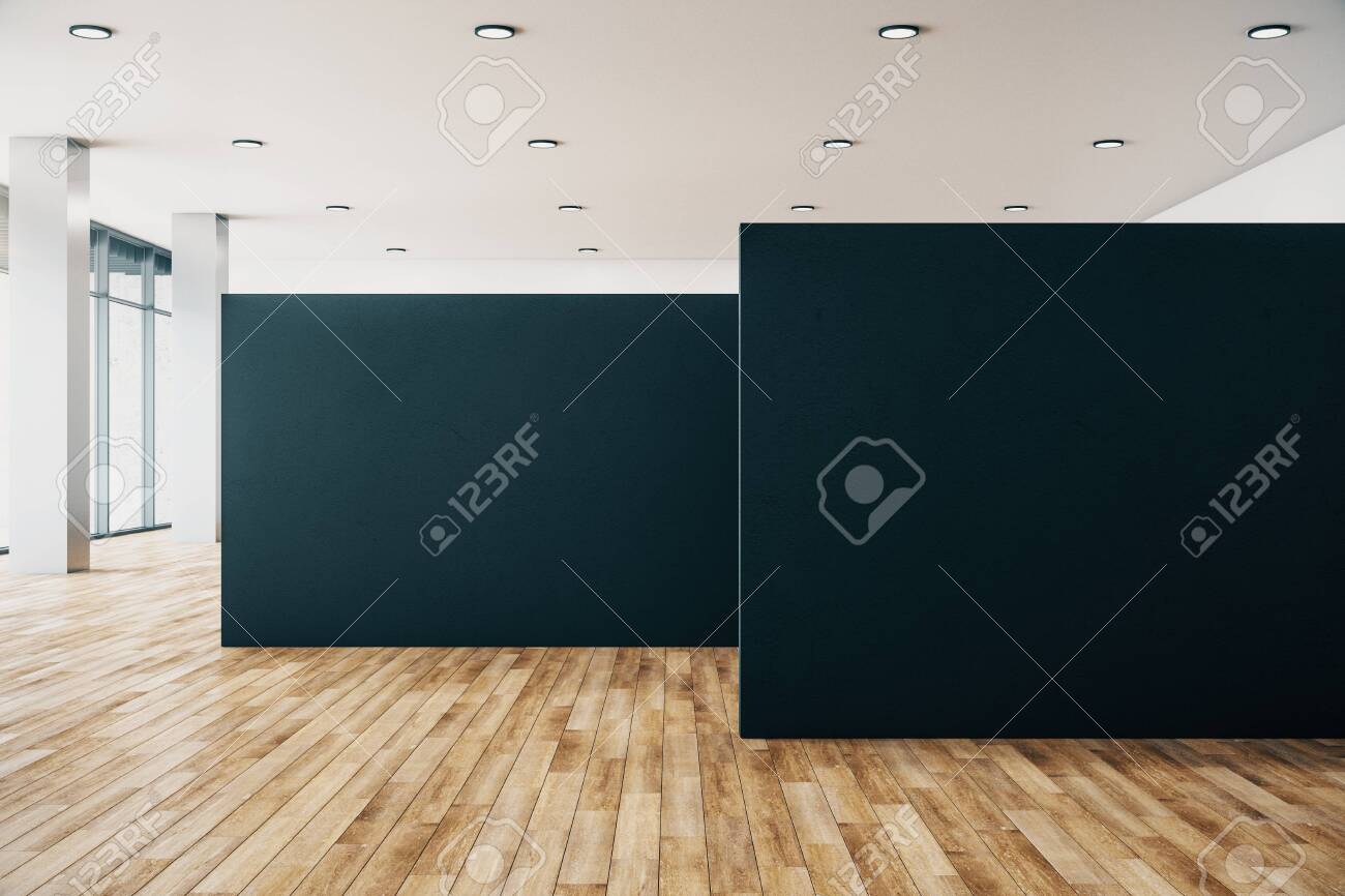 Clean gallery interior with empty poster, city view and daylight. Wooden floor. Mock up, 3D Rendering - 134137959 Clean gallery interior with empty poster, city view and daylight. Wooden floor. Mock up, 3D Rendering - 134137959