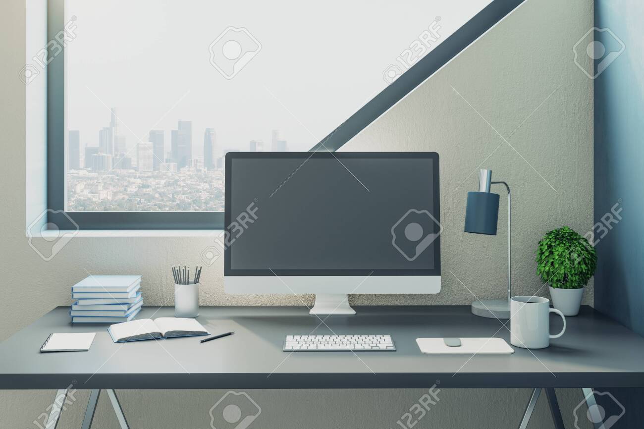 Minimalistic Office With Computer On Table And Big Light Windows - Minimalistic Office With Computer On Table And Big Light Windows