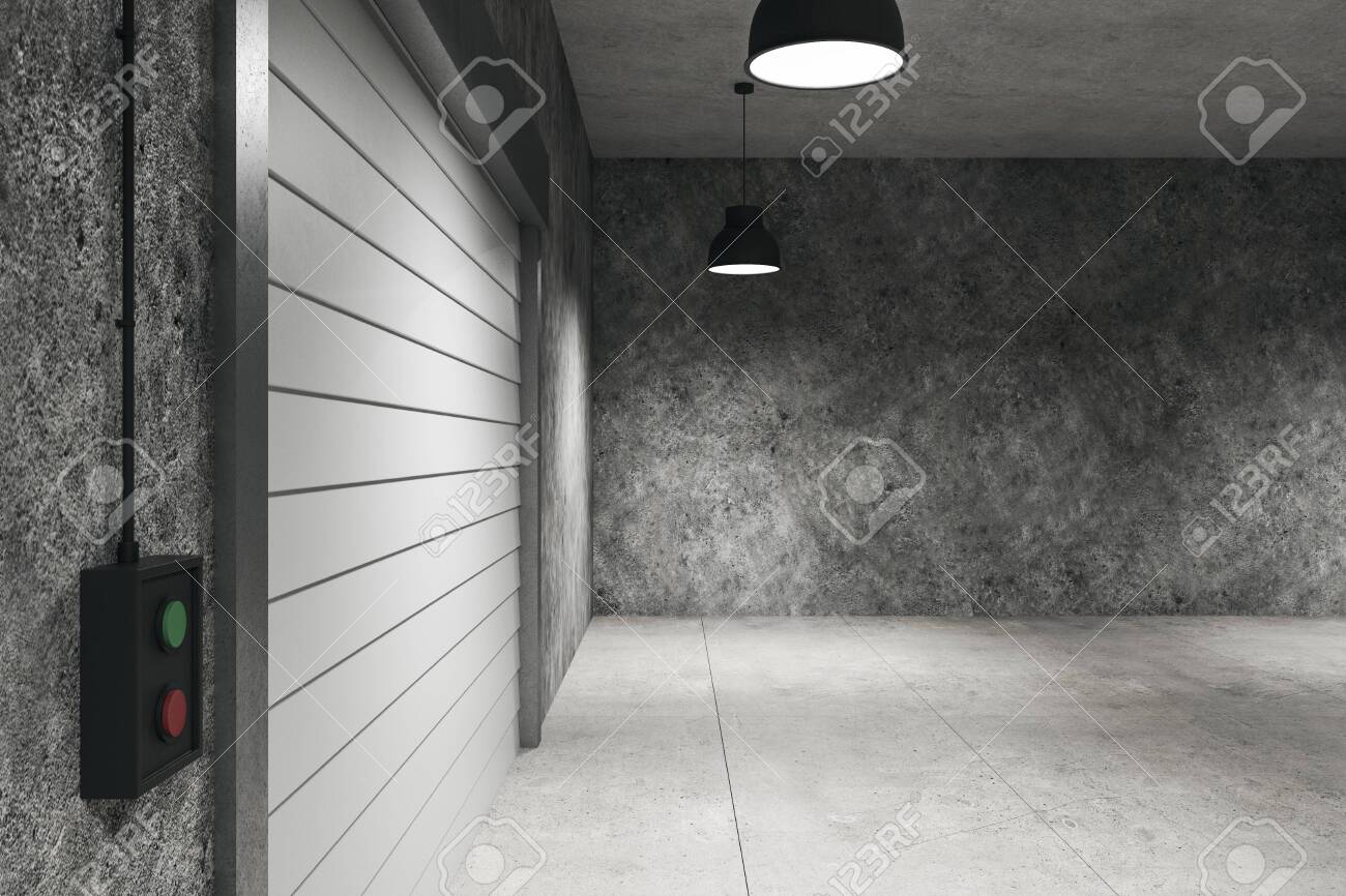 Concrete warehouse interior with lamps on ceiling and rolling gates. 3D Rendering Concrete warehouse interior with lamps on ceiling and rolling gates. 3D Rendering
