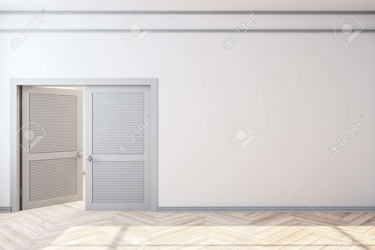 Modern home interior with door and empty white wall. Art and design concept. Mock up, 3D Rendering - 148129494 Modern home interior with door and empty white wall. Art and design concept. Mock up, 3D Rendering - 148129494
